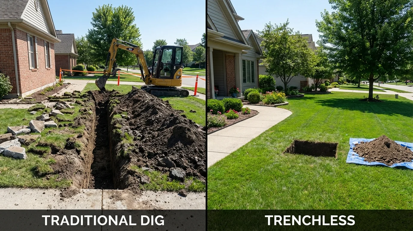 Trenchless sewer repair with minimal yard damage versus traditional excavation in Riverdale, IL